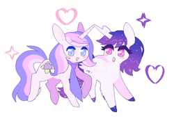 Size: 769x534 | Tagged: safe, artist:ttetra, oc, oc only, oc:rose petal, oc:star gazer, alicorn, pony, unicorn, blushing, heart