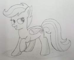 Size: 2495x2004 | Tagged: safe, artist:darelith, scootaloo, cutie mark, monochrome, pencil drawing, raised hoof, sketch, solo, the cmc's cutie marks, traditional art