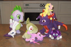 Size: 2325x1540 | Tagged: safe, artist:cheerbearsfan, derpibooru import, fluttershy, rarity, spike, twilight sparkle, axew, irl, moshi monsters, photo, plushie, pokémon, skylanders, spyro the dragon