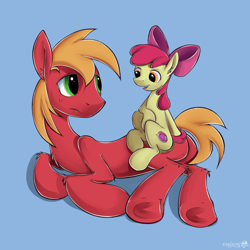 Size: 2480x2480 | Tagged: safe, artist:replacer808, apple bloom, big macintosh, earth pony, pony, chest fluff, ear fluff, male, on side, simple background, sitting, stallion, underhoof