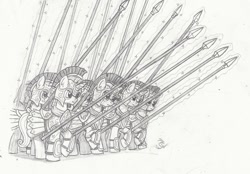 Size: 1024x714 | Tagged: safe, artist:sensko, pony, unicorn, armor, army, black and white, grayscale, macedonia, monochrome, pencil drawing, phalanx, phalanx formation, pike, traditional art, war, weapon