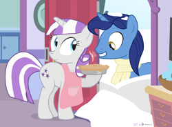 Size: 1000x735 | Tagged: safe, artist:dm29, night light, twilight velvet, pony, advent calendar, apron, clothes, cute, eyes on the prize, female, food, grin, holiday horse days, husband and wife, male, nightvelvet, pie, shipping, smiling, snow, squee