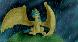 Size: 1600x871 | Tagged: safe, artist:elboufon, sunshower raindrops, hill, large wings, rain, solo, unshorn fetlocks