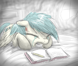 Size: 2033x1712 | Tagged: safe, artist:dawnmistpony, sunshower raindrops, book, crying, eyes closed, floppy ears, gritted teeth, injured, nose wrinkle, pencil, sad, solo