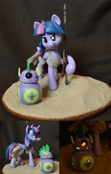 Size: 900x1402 | Tagged: safe, artist:prototypespacemonkey, spike, twilight sparkle, twilight sparkle (alicorn), alicorn, dragon, pony, bb-8, crossover, desert, female, mare, ponified, rey, sculpture, so much win, star wars, win