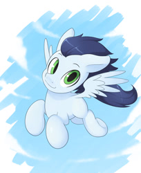 Size: 1100x1349 | Tagged: safe, artist:skecchiart, soarin', pegasus, pony, colt, cute, flying, looking at you, male, sky, smiling, solo, spread wings, wings