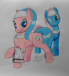 Size: 2914x3216 | Tagged: safe, artist:scribblepwn3, aloe, lotus blossom, earth pony, pony, colored pencil drawing, pen, spa twins, traditional art, wink