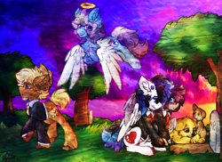 Size: 3168x2304 | Tagged: safe, artist:iroxykun, oc, oc only, oc:frozen soul, oc:harvest moon, oc:sweater weather, oc:wishful thinking, angel, dog, earth pony, pegasus, pony, clothes, comforting, crying, cutie mark, family, feels, female, halo, male, mare, mother, rest in peace, sad, stallion, sunset, tree, tuxedo, wings