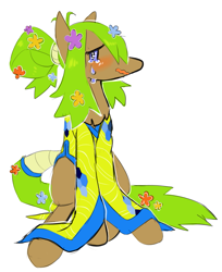 Size: 751x921 | Tagged: safe, artist:perfectaquarium, oc, oc only, oc:taproot, blushing, clothes, crying, dress, embarrassed, flower, hair bun