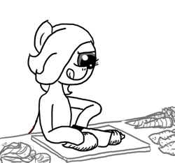 Size: 640x600 | Tagged: safe, artist:ficficponyfic, oc, oc:emerald jewel, carrot, colt, colt quest, cutting board, explicit source, femboy, foal, food, kitchen, male, monochrome, trap