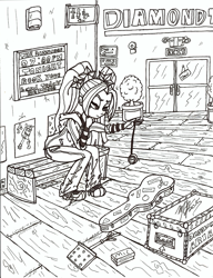 Size: 1697x2206 | Tagged: safe, artist:artponymdp, aria blaze, equestria girls, clothes, converse, guitar case, hoodie, monochrome, shoes, solo, yo-yo