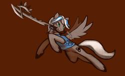 Size: 1200x730 | Tagged: safe, artist:melon blitz, oc, oc only, oc:artemis whooves, pegasus, pony, action, brown background, clothes, flying, grey pegasus, keyblade, kingdom hearts, simple background, solo, vest, weapon, wind up key