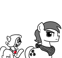 Size: 640x600 | Tagged: safe, artist:ficficponyfic, oc, oc only, oc:emerald jewel, oc:giles pecan, pony, colt, colt quest, explicit source, femboy, frown, male, neckerchief, partial color, stallion, trap