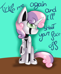 Size: 1024x1229 | Tagged: safe, artist:feathershine1, sweetie belle, sweetie bot, pony, robot, robot pony, unicorn, female, filly, foal, hooves, horn, raised hoof, sitting, solo, text, unamused