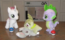 Size: 2366x1478 | Tagged: safe, artist:cheerbearsfan, spike, sweetie belle, axew, build-a-bear, female, irl, male, minccino, photo, plushie, pokémon, shipping, spikebelle, straight, ultra ball