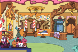 Size: 1024x683 | Tagged: safe, artist:galefeather, bell, cake, candy, cupcake, detailed, detailed background, door, no pony, rug, store, sugarcube corner