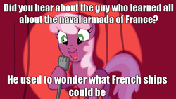 Size: 800x450 | Tagged: safe, cheerilee, earth pony, pony, cheerilee pun, curtain, exploitable meme, female, france, green eyes, mare, meme, microphone, mondegreen, open mouth, pun, ship, smiling, solo, spotlight, text, two toned mane, two toned tail