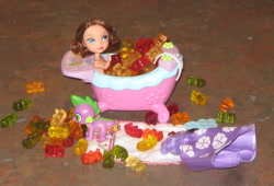 Size: 1966x1333 | Tagged: safe, artist:cheerbearsfan, spike, bath, bathtub, blind bag, candy, clothes, doll, dress, food, gummy bears, irl, photo, princess sofia, sofia the first, towel, toy