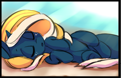 Size: 1073x693 | Tagged: safe, artist:starshinebeast, oc, oc only, oc:tidal charm, :o, aquapony, cute, eyes closed, female, filly, foal, freckles, on side, seaunicorn, sleeping, solo, tired