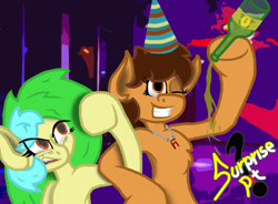 Size: 866x637 | Tagged: safe, oc, oc only, oc:maría teresa de los ponyos paguetti, oc:portal breakway, earth pony, pony, alcohol, female, food, hat, mare, mascot, party hat, ñ