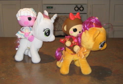 Size: 2064x1402 | Tagged: safe, artist:cheerbearsfan, scootaloo, sweetie belle, monkey, sheep, doll, irl, lalaloopsy, photo, plushie, riding, toy