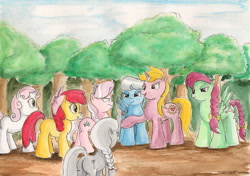 Size: 2311x1630 | Tagged: safe, artist:souleatersaku90, apple bloom, diamond tiara, silver spoon, sweetie belle, oc, commission, fanfic art, the simple life, this will end in tears and/or death and/or covered in tree sap, traditional art, watercolor painting