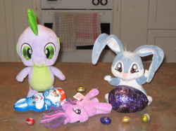 Size: 2323x1737 | Tagged: safe, artist:cheerbearsfan, spike, twilight sparkle, rabbit, chocolate, chocolate bunny, chocolate egg, food, irl, photo, plushie, winx club