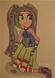 Size: 916x1297 | Tagged: safe, artist:blazingdazzlingdusk, aria blaze, equestria girls, rainbow rocks, drawing, gem, sad, sleeveless, solo, the dazzlings, traditional art