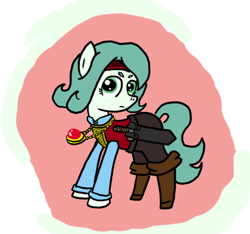 Size: 640x600 | Tagged: safe, alternate version, artist:ficficponyfic, oc, oc only, oc:emerald jewel, earth pony, pony, adult, alternate costumes, alternate hairstyle, alternate timeline, alternate universe, amulet, boots, clothes, colt quest, determined, future, headband, male, pants, possible spoilers, preview, serious, shirt, stallion, sword, vest, warrior, weapon