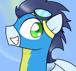 Size: 642x600 | Tagged: safe, artist:ultrard, soarin', pegasus, pony, bust, colored pupils, goggles, male, smiling, solo, stallion, wonderbolts uniform