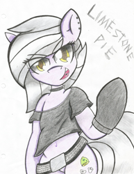 Size: 1639x2121 | Tagged: safe, artist:lmlstaticdash, limestone pie, earth pony, pony, belly button, collar, female, mare, solo, spiked collar