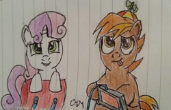 Size: 960x615 | Tagged: safe, artist:rapidsnap, button mash, sweetie belle, lined paper, tongue out, traditional art