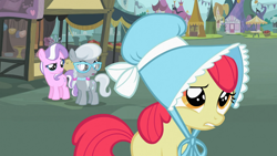 Size: 1366x768 | Tagged: safe, screencap, apple bloom, diamond tiara, silver spoon, family appreciation day, marketplace