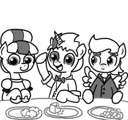 Size: 640x600 | Tagged: safe, artist:ficficponyfic, oc, oc:shock top, pegasus, pony, unicorn, bowtie, clothes, colt, colt quest, cyoa, dress, explicit source, filly, foal, food, jello, male, party, plate, plates, stallion, story included, suit, table