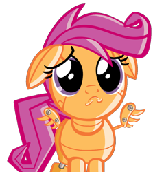 Size: 820x920 | Tagged: safe, artist:fillerartist, edit, scootaloo, robot, floppy ears, puppy dog eyes, sad, scootabot, simple background, solo, transparent background, vector, vector edit