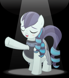 Size: 9600x10800 | Tagged: safe, artist:xniclord789x, coloratura, earth pony, absurd resolution, belly, black background, blushing, eyes closed, female, mare, one hoof raised, pregnant, simple background, solo, spotlight