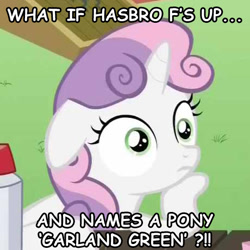 Size: 460x460 | Tagged: safe, edit, sweetie belle, pony, unicorn, con air, exploitable meme, female, filly, garland greene, horn, image macro, meme, obligatory pony, solo, sudden clarity sweetie belle, text, two toned mane, white coat, wide eyes