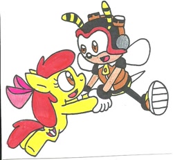 Size: 684x628 | Tagged: safe, artist:cmara, apple bloom, crusaders of the lost mark, charmy bee, crossover, cutie mark, sonic the hedgehog, sonic the hedgehog (series), the cmc's cutie marks, traditional art