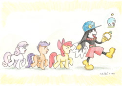 Size: 2296x1634 | Tagged: safe, artist:souleatersaku90, apple bloom, scootaloo, sweetie belle, crossover, cutie mark crusaders, huepow, klonoa, traditional art