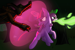 Size: 5400x3600 | Tagged: safe, artist:lxyacht, spike, twilight sparkle, dragon, timber wolf, fight, fire, force field