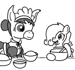 Size: 640x600 | Tagged: safe, artist:ficficponyfic, oc, oc:emerald jewel, donkey, bowl, bowls, child, clothes, colt, colt quest, counter, cyoa, explicit source, femboy, happy, kitchen, maid, male, spatula, stirring, story included, trap