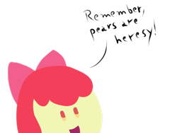 Size: 640x480 | Tagged: safe, artist:deserter, apple bloom, equestria girls, food, heresy, hilarious in hindsight, pear, simple background, smiling, transparent background