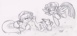 Size: 1280x596 | Tagged: safe, artist:abbystarling, wild fire, oc, pikachu, amaura, cute, hat, monochrome, nuzzling, pokémon