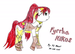 Size: 2185x1585 | Tagged: safe, artist:pe brony, artist:soulwarden11, armor, boots, clothes, green eyes, headdress, necklace, ponified, pyrrha nikos, red hair, rwby, sash, solo