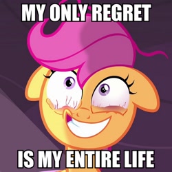 Size: 576x576 | Tagged: safe, screencap, scootaloo, bloodshot eyes, floppy ears, image macro, meme, regret