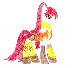 Size: 2149x2041 | Tagged: safe, artist:pe brony, artist:soulwarden11, armor, boots, clothes, green eyes, headdress, jnpr, necklace, ponified, pyrrha, pyrrha nikos, red hair, rwby, sash, solo, team jnpr