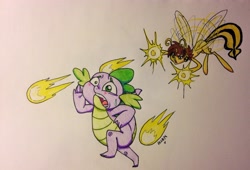 Size: 3097x2105 | Tagged: safe, artist:ameliacostanza, spike, breezie, dragon, abuse, avengers, avengers: earth's mightiest heroes, chase, crossover, janet van dyne, ponified, running, spikeabuse, spikexwasp, traditional art, wasp