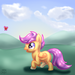 Size: 1200x1200 | Tagged: safe, artist:forumsdackel, scootaloo, butterfly, cute, cutealoo, sunset