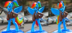 Size: 1024x466 | Tagged: safe, artist:daisymane, rainbow dash, pegasus, pony, semi-anthro, alternate hairstyle, bomber jacket, figurine, ponytail, sculpture, solo, spread wings