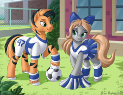 Size: 1258x966 | Tagged: safe, artist:brianblackberry, oc, oc only, oc:caffeinated, oc:thespian, earth pony, pony, zebra, cheerleader, clothes, football, leg warmers, shirt, shorts, unshorn fetlocks, wristband